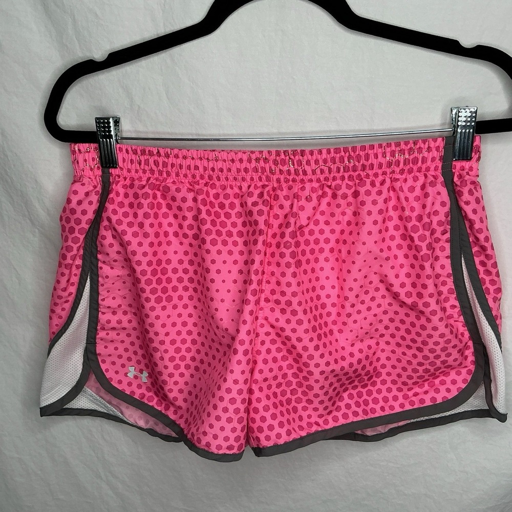 Under Armour UA Women's HeatGear Semi-Fitted Running Shorts Sz L Pink Polka Dots